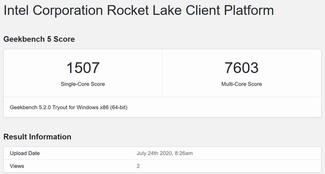 Intel 8c/16t Rocket Lake score appears on Geekbench